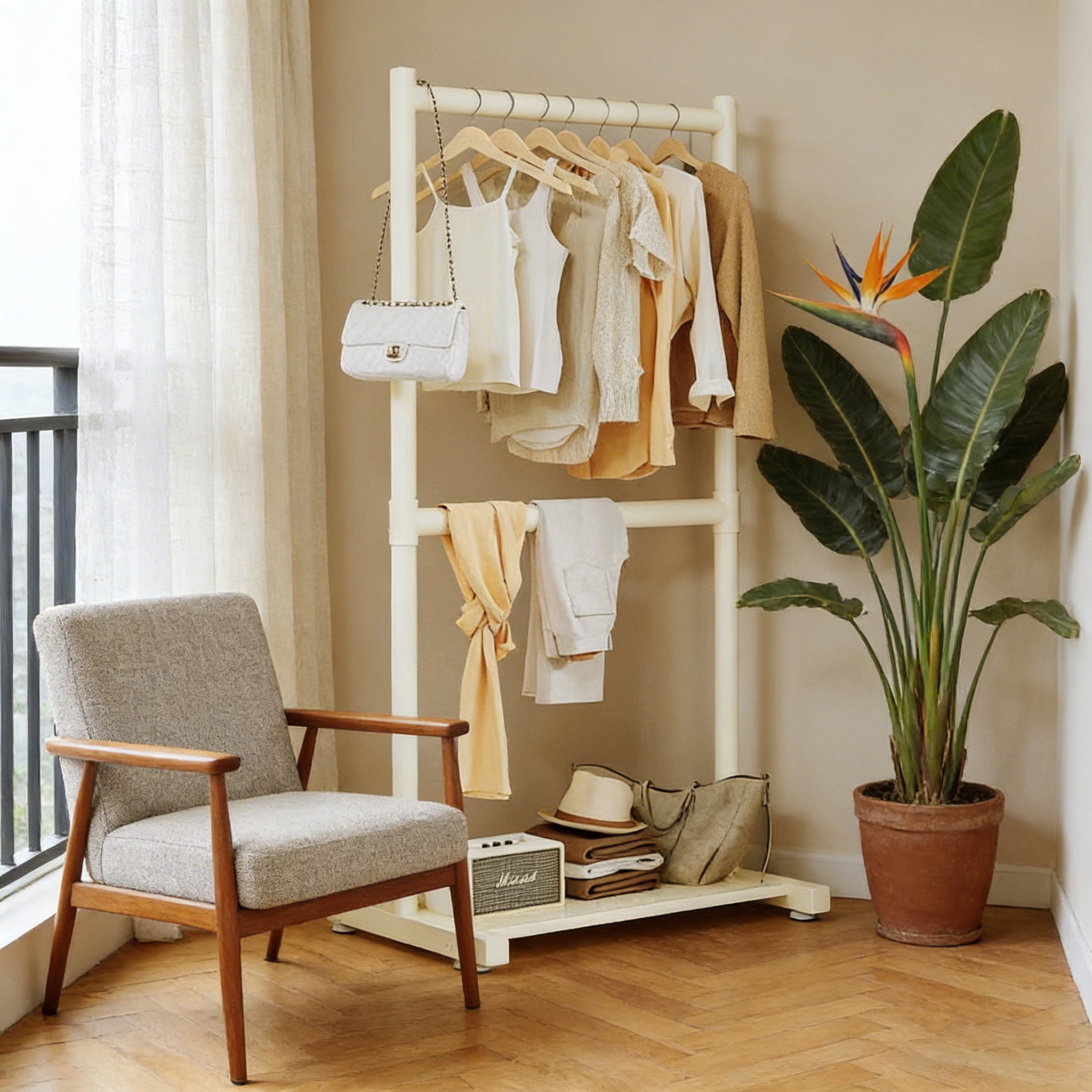 飘窗专用挂衣架落地式衣帽架双层收纳家用卧室不占空间收纳置物架