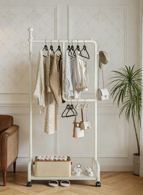 客厅卧室落地衣帽架家用带轮可移动双层分区挂衣架带板收纳置物架
