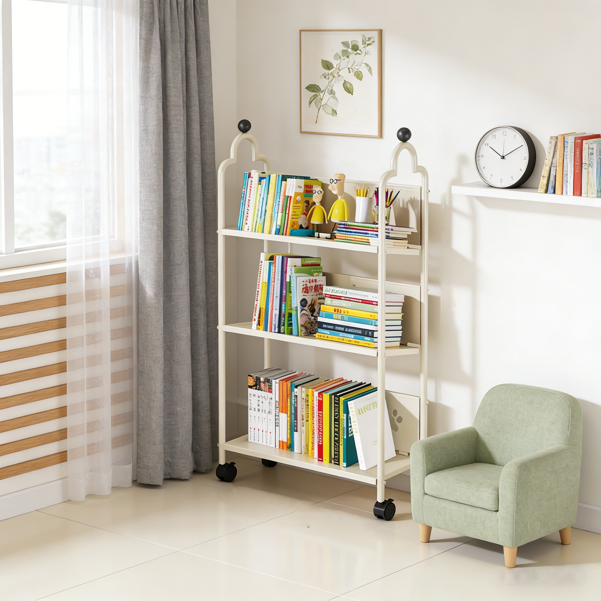 儿童书架多层带轮可移动家用储物置物架奶油风不占空间铁艺收纳架,住宅家具,儿童书架,淘宝优惠券,粉丝福利购,淘宝优惠卷
