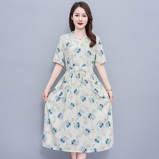2025夏季 纯棉绸连衣裙女遮肚显瘦碎花长裙高端外穿人造棉裙子 新款