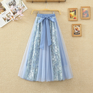 网纱半身裙蕾丝a字裙女秋冬中长款 裙子甜美系带大摆蓬蓬仙女纱裙