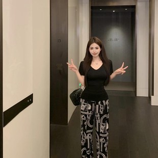 阔腿拖地长裤 仿醋酸缎面印花休闲裤 子设计感窄版 高腰直筒裤 女夏季