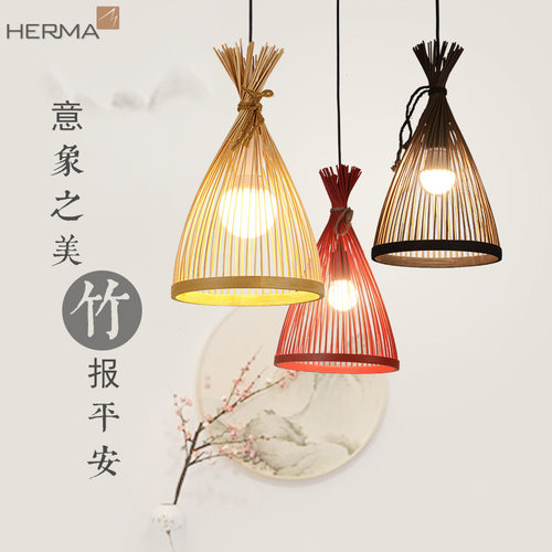 简约竹子餐厅灯竹编日式新中式茶室楼梯间吧台橱窗灯创意藤艺吊灯