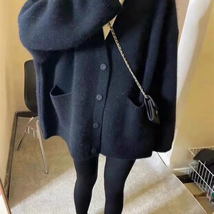 慵懒风针织毛衣外套女开衫中长款2023新款春装秋宽松口袋纯色上衣