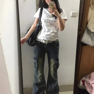 复古立体阔腿工装 做旧口袋牛仔裤 长裤 新款 女潮 子2024夏季 设计美式