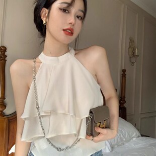 宽松内搭外穿高级感纯欲上衣 短款 挂脖雪纺背心吊带女2024夏季 新款