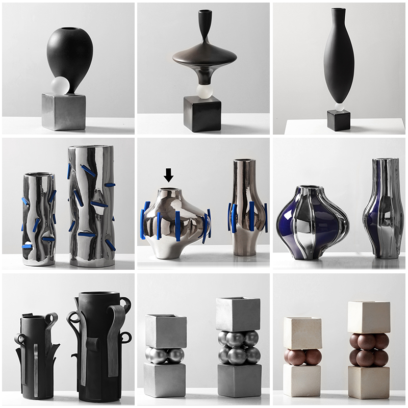 简约现代电镀陶瓷花器摆件样板间书房茶室茶几书房客厅装饰摆放