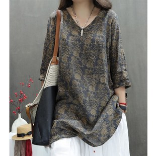 新款 中长款 复古苎麻印花V领中袖 裙宽松版 休闲上衣 衬衫 减龄夏季