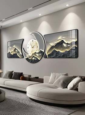 客厅三联画轻奢大气九鱼图沙发背景墙装饰画静音钟表挂钟高档挂画
