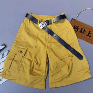 休闲五分热裤 2025夏季 女高腰宽松黄色纯棉弹力工装 水洗棉短裤 新款