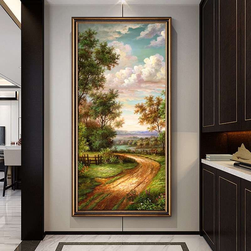 乡间小路】美式玄关装饰画竖版风景油画入户进门处墙壁画楼梯挂画