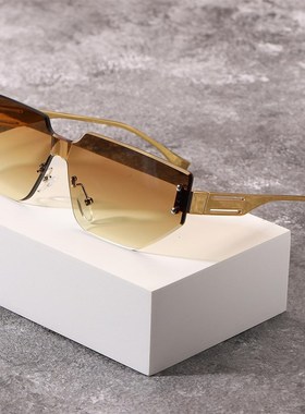 新款太阳眼镜时尚遮阳墨镜男女时髦黑色蓝色金属茶色切边无框时尚