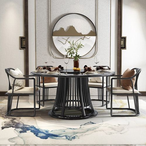 新中式实木餐桌小户型饭桌现代简约禅意圆桌别墅一桌六椅餐厅圆桌