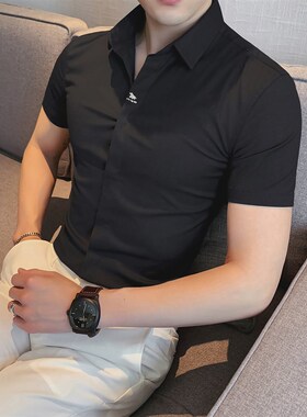 高级感衬衫男士短袖暗门襟免烫抗皱无痕衬衣修身潮流黑色寸衫刺绣