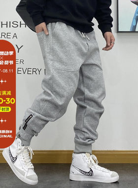 美式休闲宽松束脚松紧哈伦运动裤拼接小脚拉链装饰春秋新款卫裤男