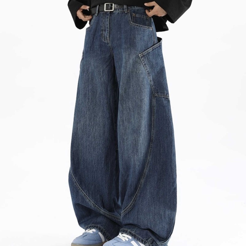 美式高街大口袋弯刀牛仔裤男秋季潮牌小众设计感宽松阔腿拖地长裤