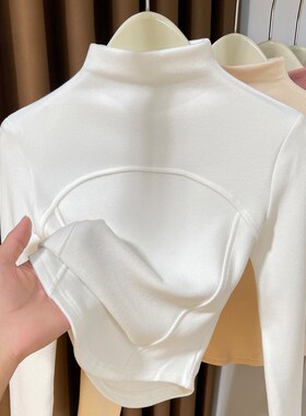 白色半高领双面德绒打底衫女长袖2024新款加绒加厚短款内搭t恤女