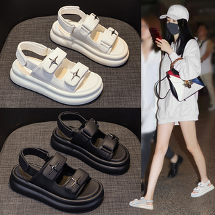软底魔术贴运动凉鞋 真皮厚底凉拖鞋 网红松糕鞋 外穿2023新款 女夏季