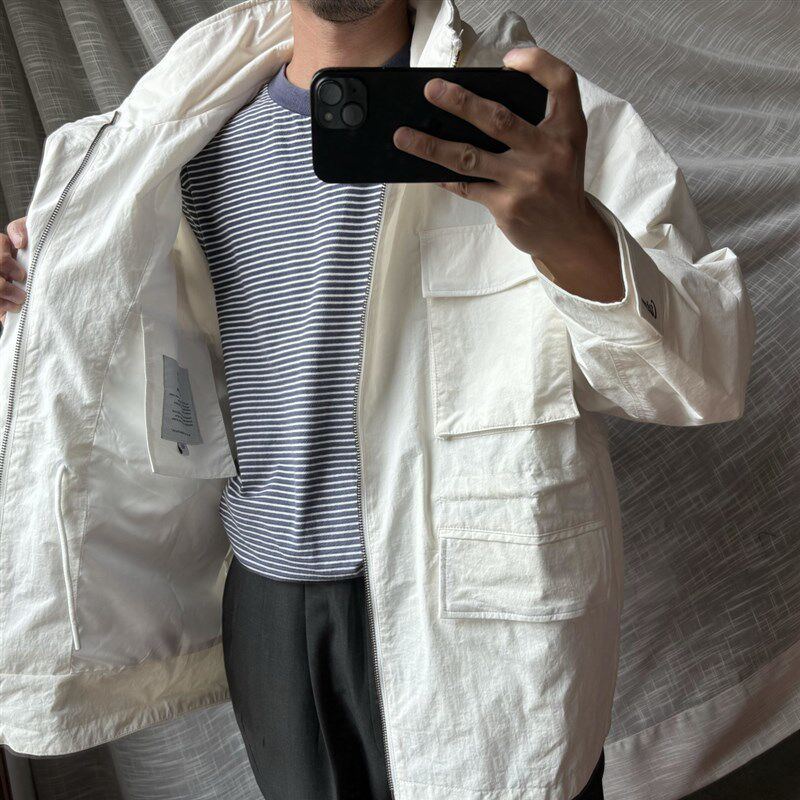M65多袋工装!简洁白色潮款男女阔版夹克宽松防泼水春秋连帽外套