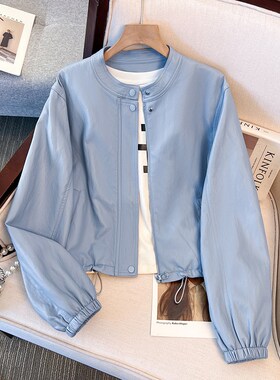 高级感蓝色机车风PU皮衣外套女爆款2025开春秋季新短款小个子夹克