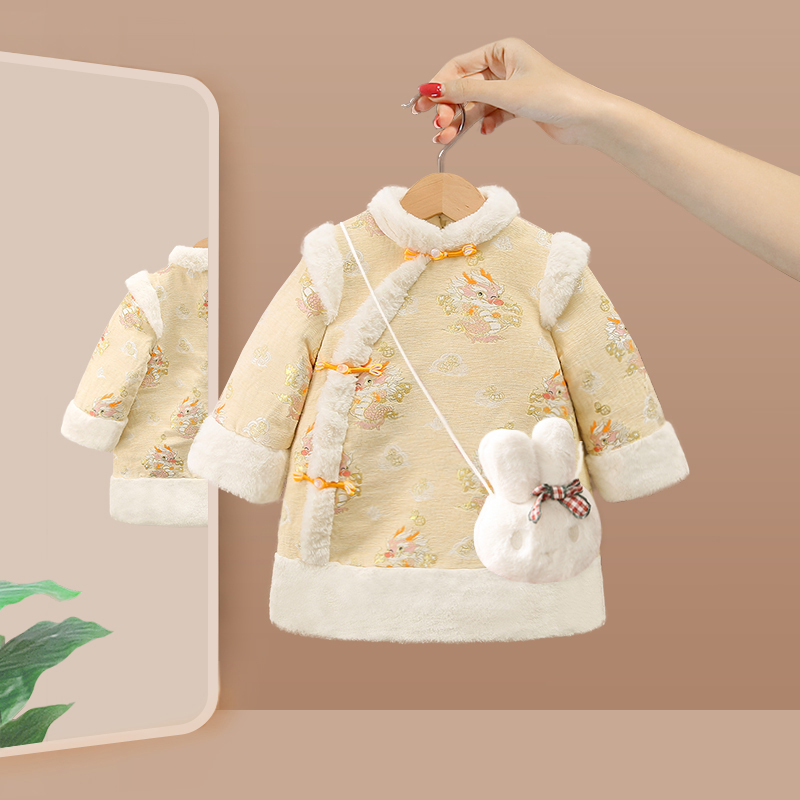 女童连衣裙冬装2024新款女宝宝周岁礼服小童冬季公主裙旗袍拜年服