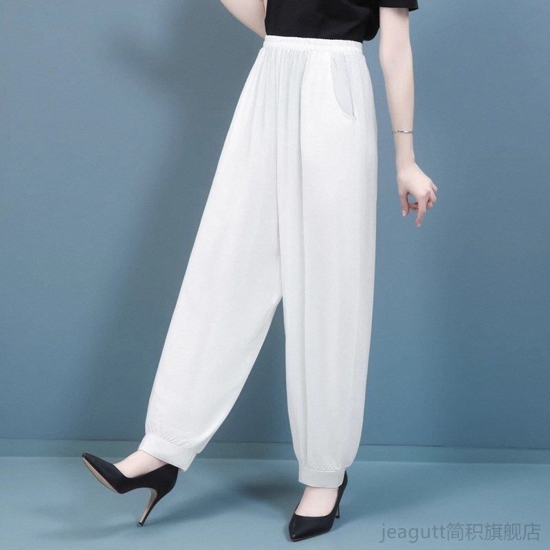 中老年人休闲防蚊裤夏季棉绸灯笼裤纯色加肥大码广场舞裤妈妈束脚