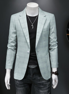 2023秋款小清新男士格子西服加肥加大码胖子单西外套舞台表演服装