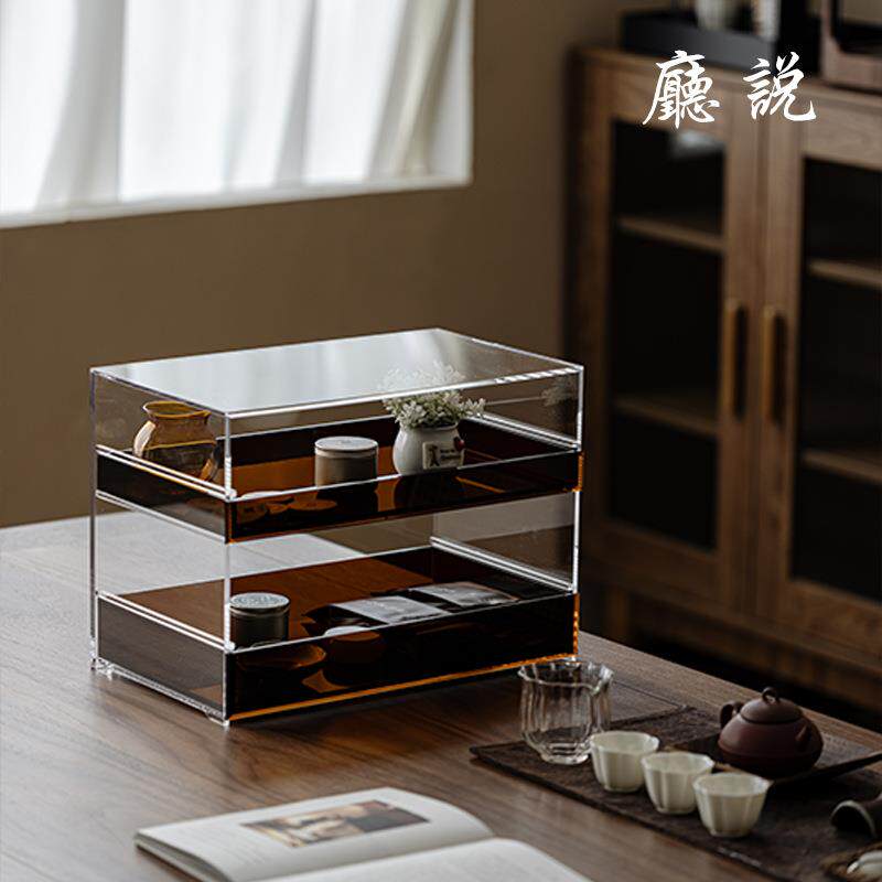 新中式亚克力茶具收纳架多功能桌面整理杯子储物柜简约茶器置物架