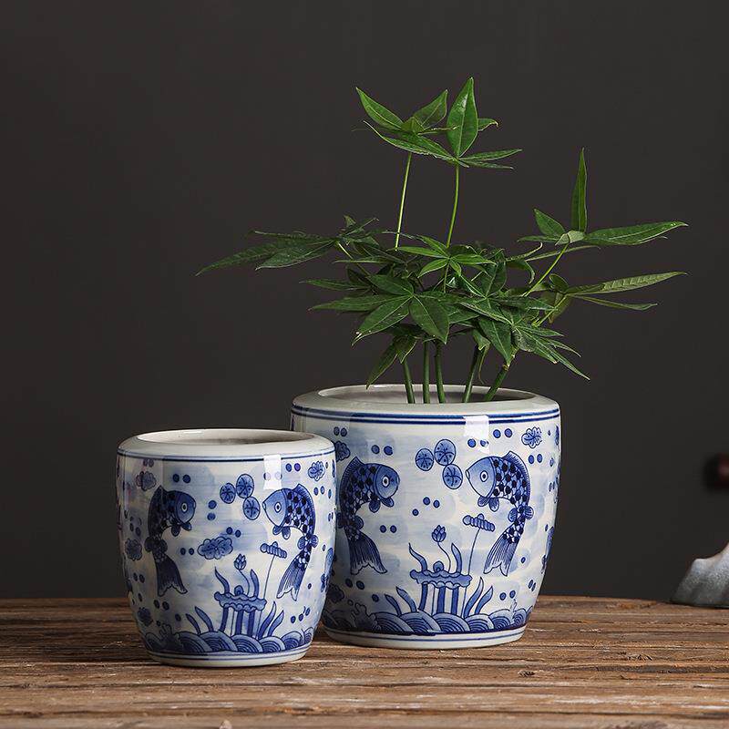 景德镇高温陶瓷花盆陶瓷盆景四方风小盆盆载书桌半手绘鱼群