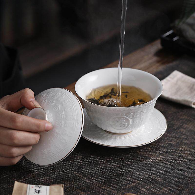 德化陶瓷三才盖碗单个敬茶杯 三炮台大号八宝茶碗泡茶介杯