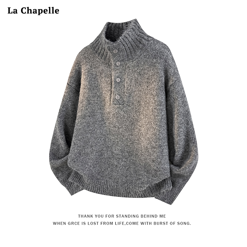 拉夏贝尔绵羊毛高领纽扣毛衣秋冬