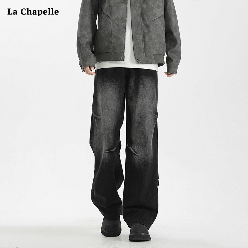 拉夏贝尔宽松直筒加绒牛仔裤男款