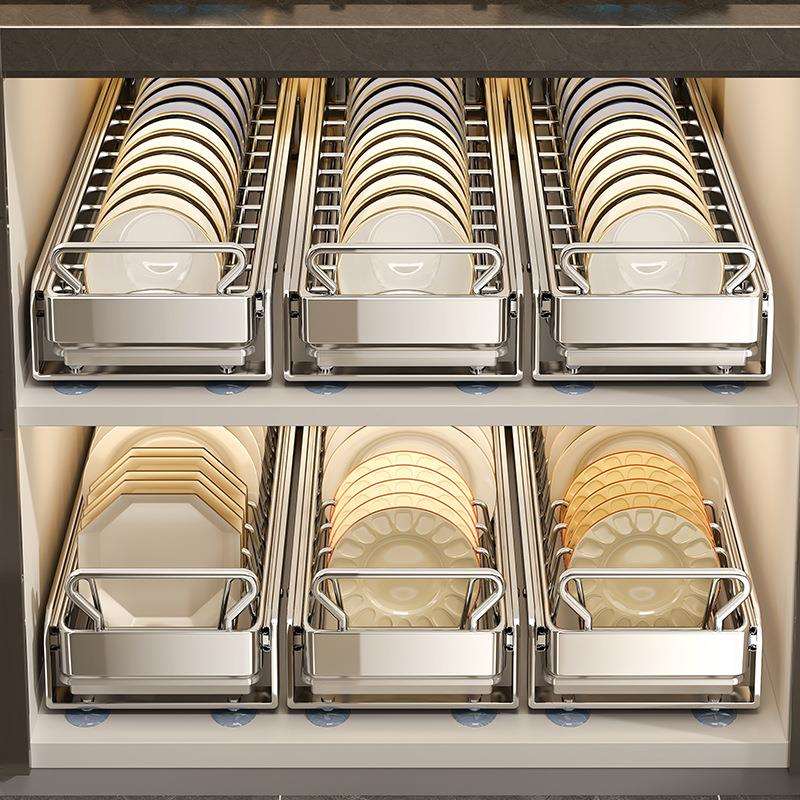 实心不锈钢抽拉碗碟收纳架厨房柜内抽屉式拉篮内置沥水分隔碗盘架