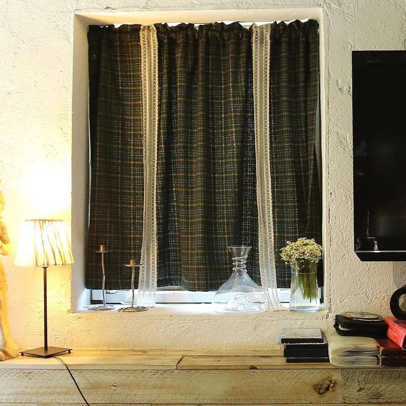美式复古墨绿格子提拉帘门帘厨房帘窗帘短帘客厅卧室遮光