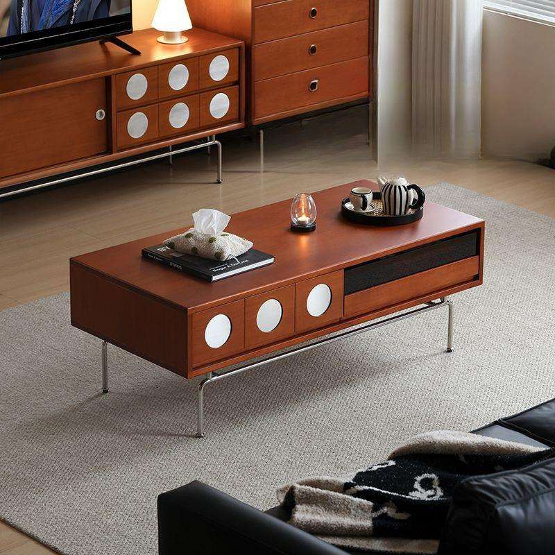 小万复古波尔卡实木茶几小户型客厅简约不锈钢中古茶桌