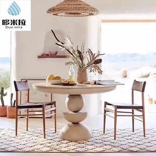 轻奢餐厅实木圆形餐桌简约做旧叱咤饭桌家具