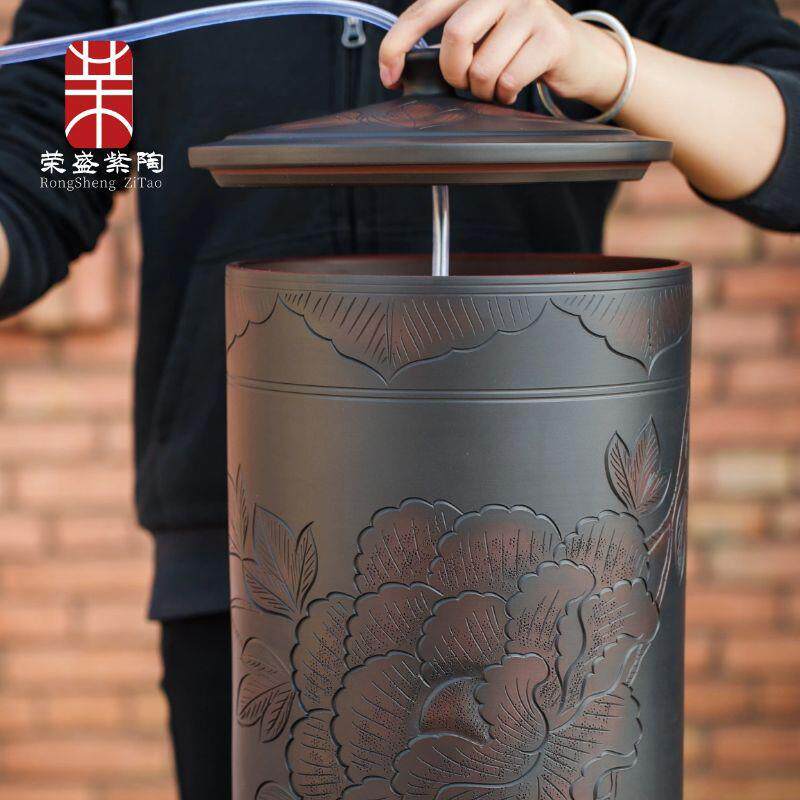 水缸陶瓷水桶纯净水桶家用大号储水用带盖老式茶道茶台抽水款18升