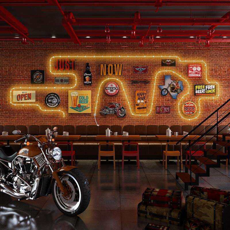 LED043 复古工业风潮流机车酒吧饭店墙面装饰画组合背景LED灯带条