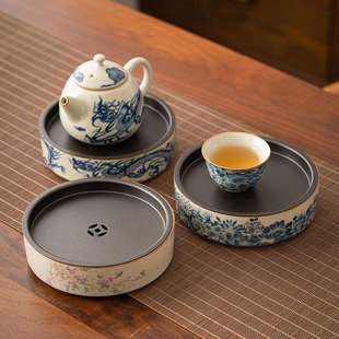 汝窑仿青花龙纹壶承合金干泡台开片紫砂壶养壶垫壶托储水茶具配件