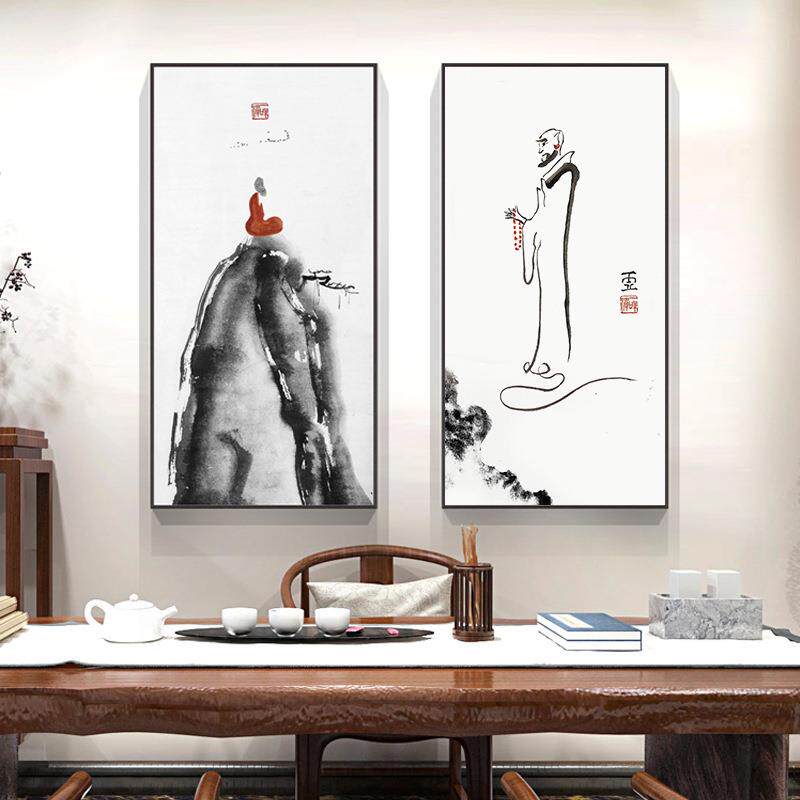 办公室挂画大气国画禅意茶室书房会客厅新中式玄关壁画竖版装饰画