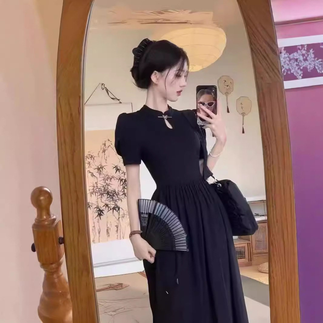 中式国风改良旗袍黑色修身连衣裙女开叉夏季泡泡短袖收腰显瘦