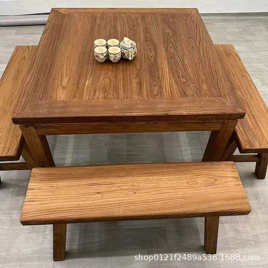 老榆木八仙桌实木餐桌中式做旧四方桌餐馆饭桌全套仿古禅意泡茶桌