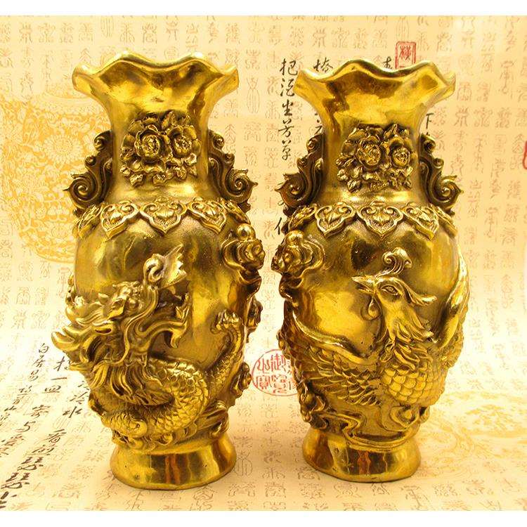 纯铜龙凤花瓶摆件一对大号仿古花瓶工艺品家居办公室客厅装饰摆设