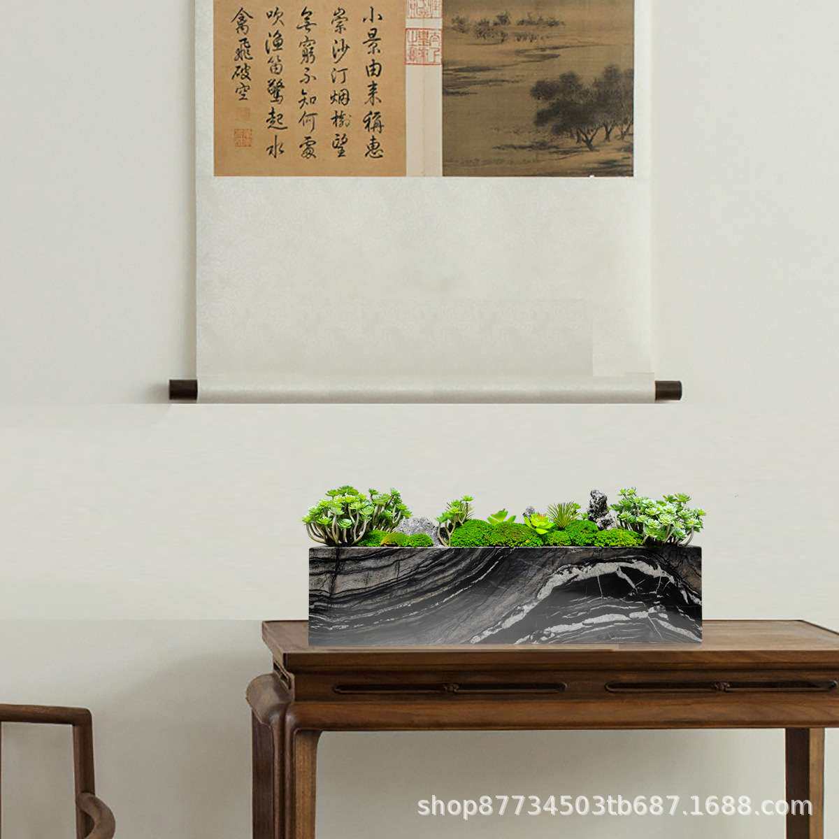 新中式现代轻奢大理石永生苔藓绿植微景观盆景客厅茶几会议桌摆件