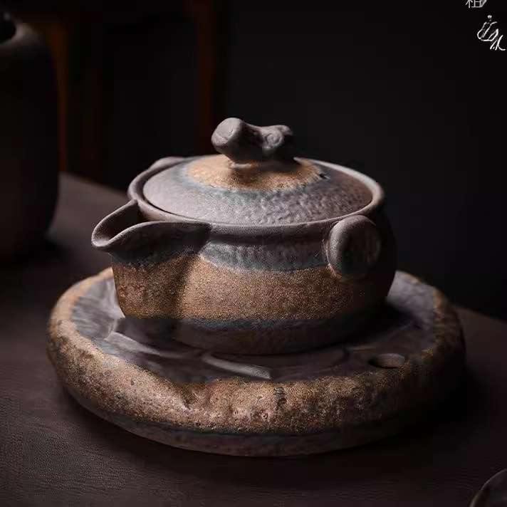 德玉堂创意复古鎏金枯木茶壶粗陶盖碗手抓壶中式家用泡茶壶配件