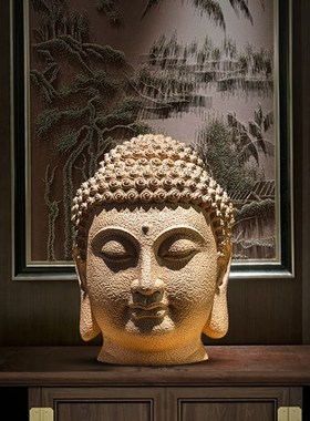 新中式大号慈悲佛头佛首佛像禅意摆件东南亚玄关走廊佛系装饰品