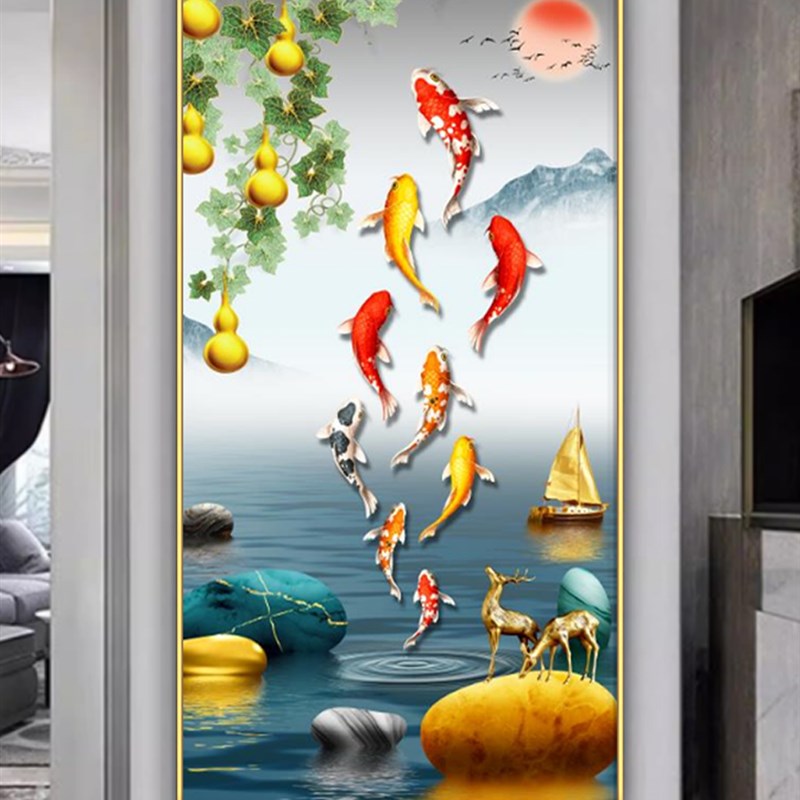 福鹿有余新中式玄关装饰画五福临门入户墙画走廊过道竖版挂画图片