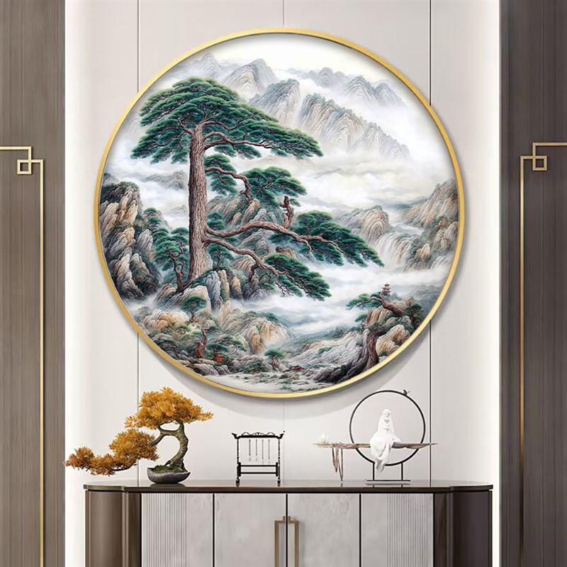 迎客松圆形玄关装饰画现代中式茶室挂画客厅背景墙会所松树壁画图片