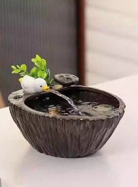 陶瓷流水摆件小型水循环鱼缸自动循环猫咪饮水器桌面办公室摆件黑