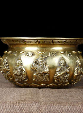 铜艺铺五路财神聚宝盆家居摆件 铜制工艺礼品金玉满堂聚宝盆摆件